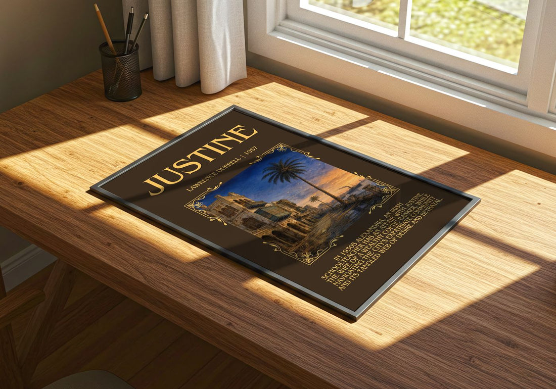Justine Minimalist Book Poster by Lawrence Durrell – print on a sunlit desk