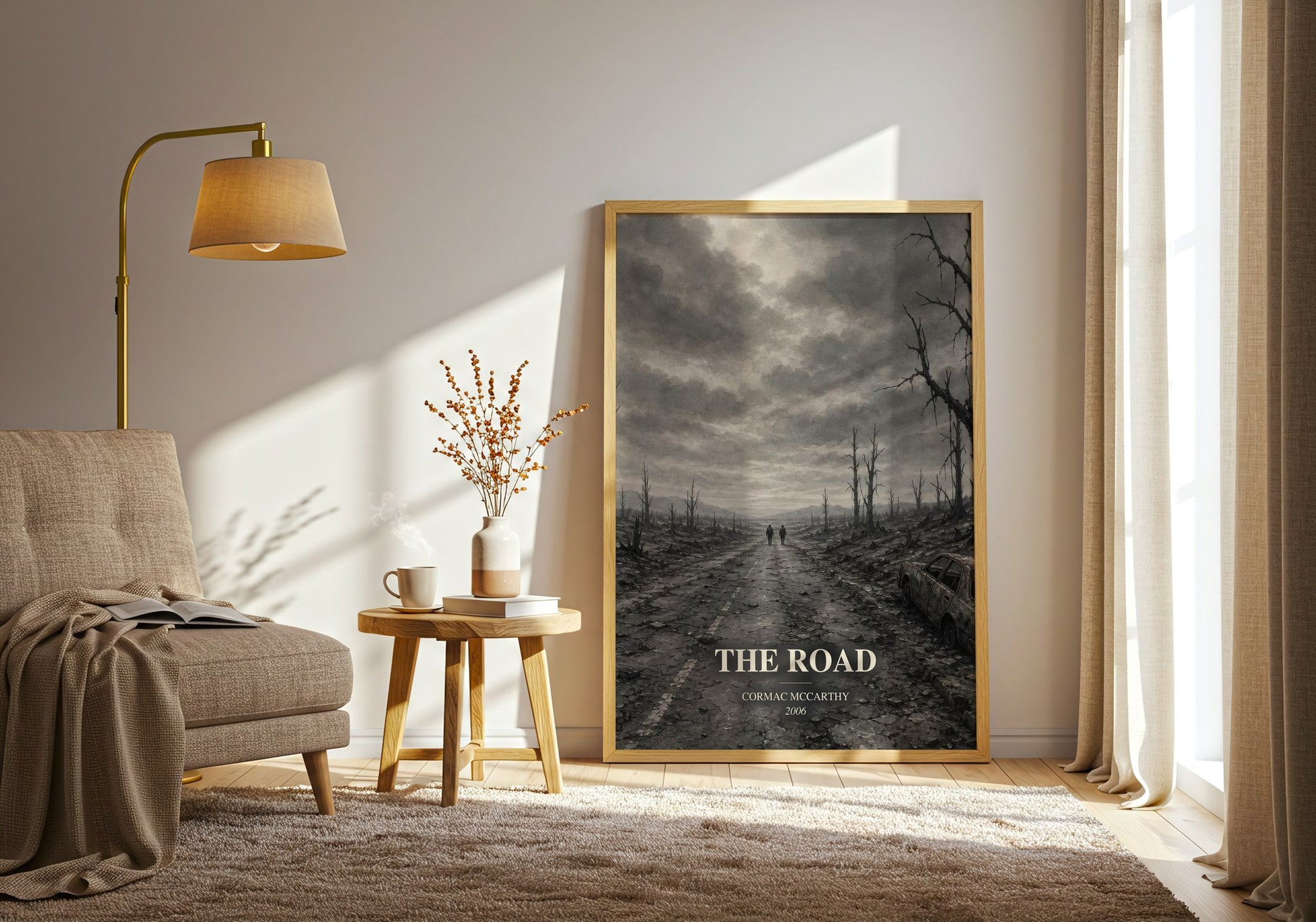 The Road watercolour print in frame leaning in hallway – dystopian wall art