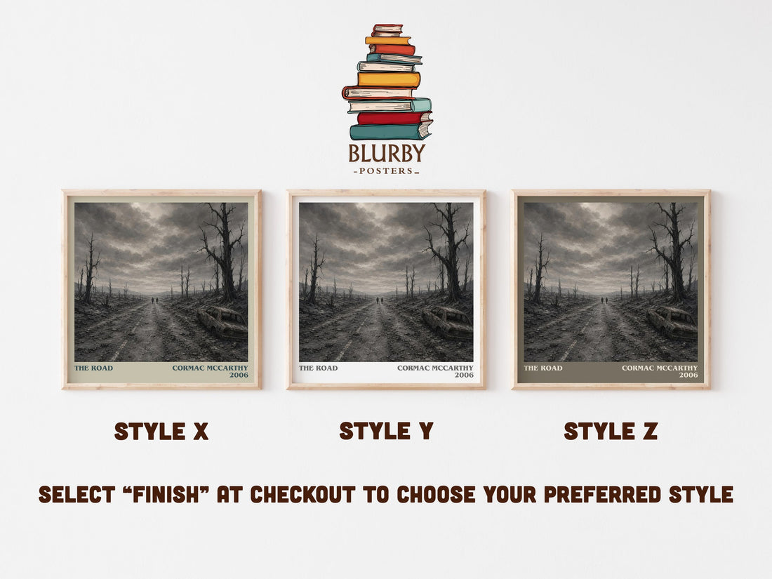 The Road literary print in frame leaning in hallway – dystopian wall art (mockup)
