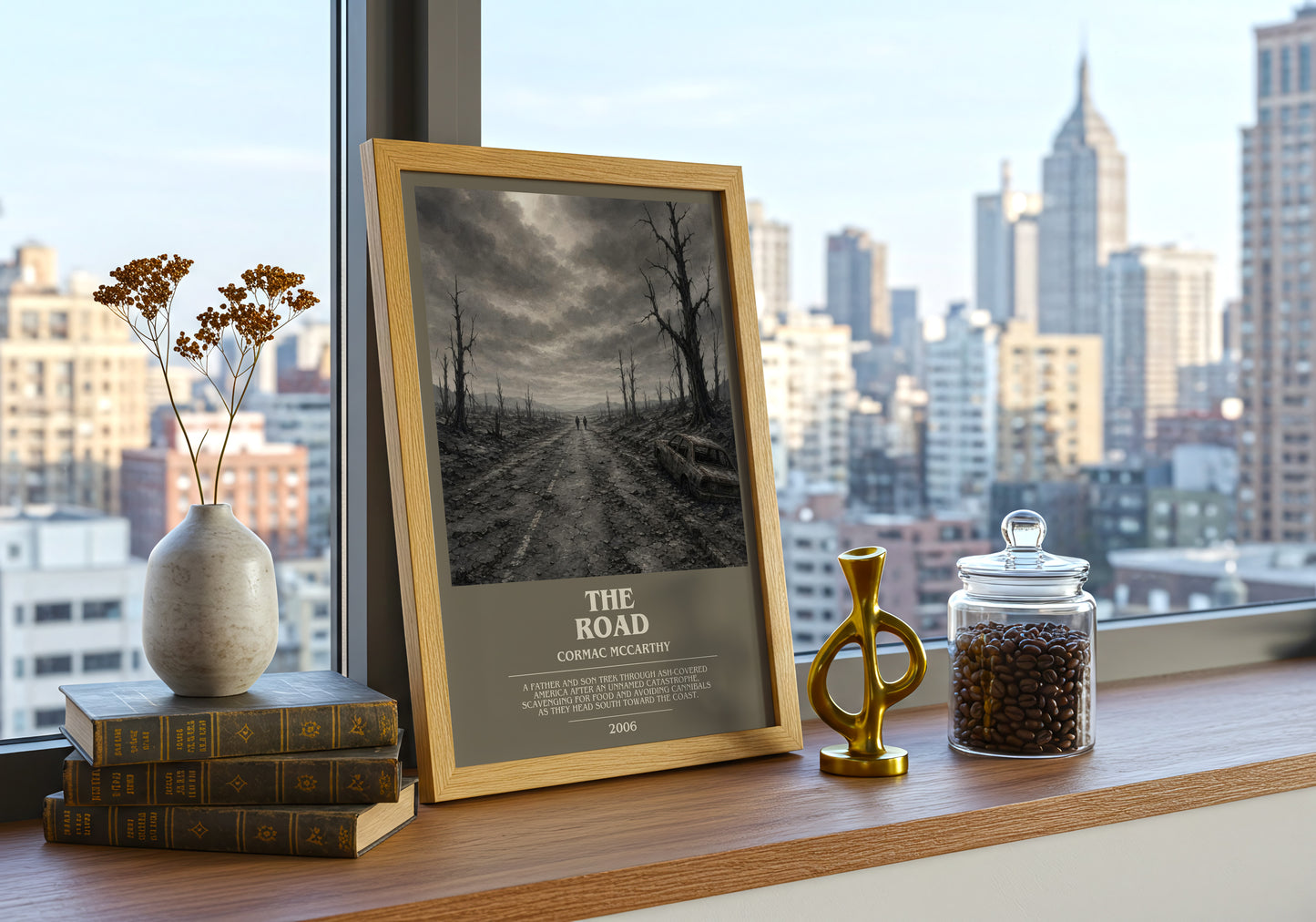 The Road bookish print framed by window – literary home decor