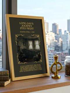 Long Day's Journey Into Night Minimalist Book Poster by Eugene O'Neill – framed print on a city-view windowsill