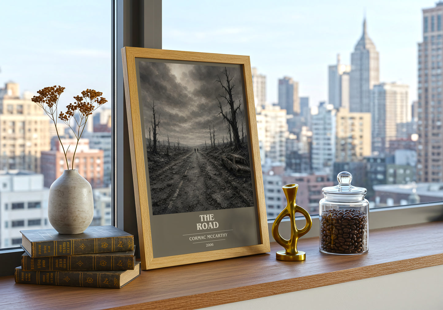 The Road book cover print framed by window – literary home decor
