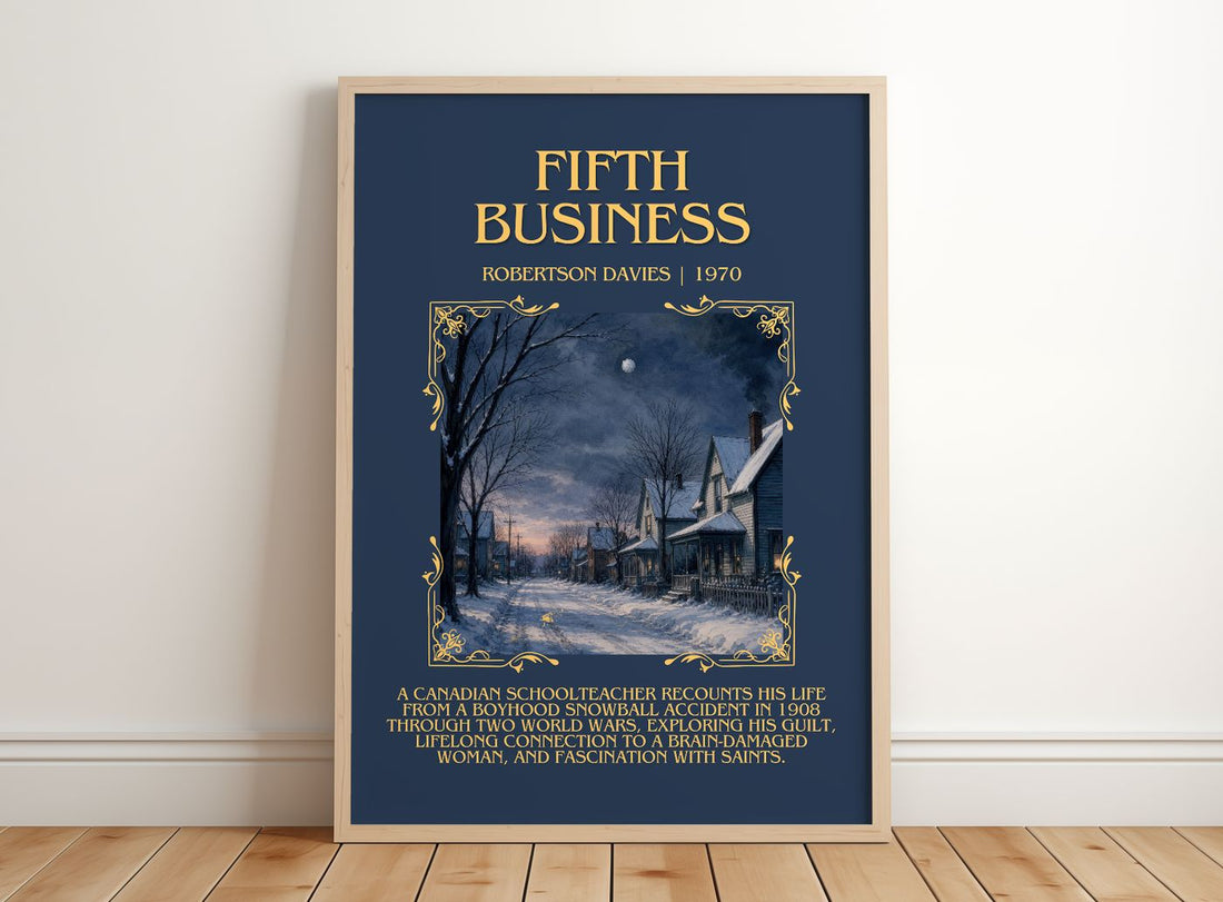 Fifth Business Minimalist Book Poster by Robertson Davies – framed print leaning on a wooden floor