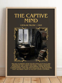 The Captive Mind Minimalist Book Poster by Czesław Miłosz – framed print leaning on a wooden floor