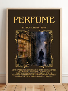 Perfume Minimalist Book Poster by Patrick Suskind – framed print leaning on a wooden floor