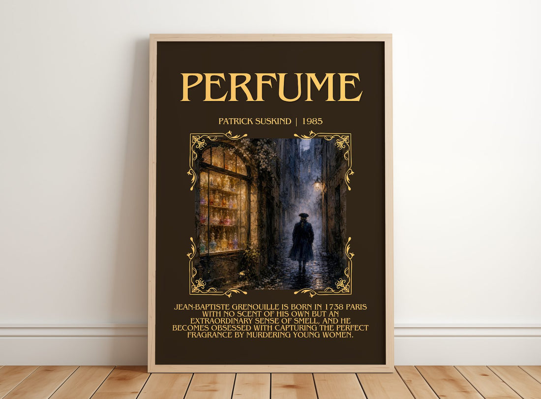 Perfume Minimalist Book Poster by Patrick Suskind – framed print leaning on a wooden floor
