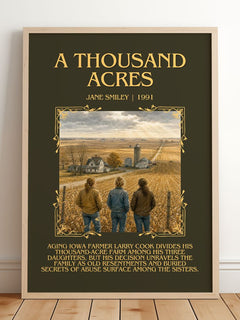 A Thousand Acres Minimalist Book Poster by Jane Smiley – framed print leaning on a wooden floor