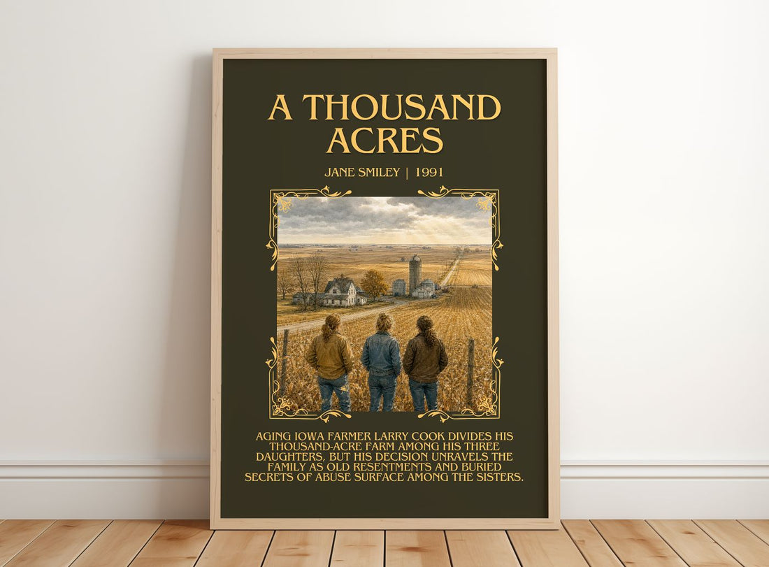 A Thousand Acres Minimalist Book Poster by Jane Smiley – framed print leaning on a wooden floor