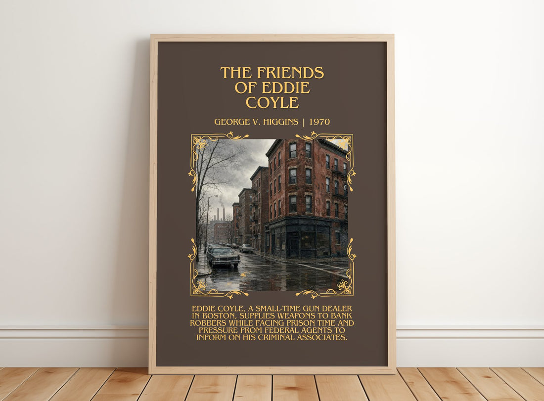 The Friends Of Eddie Coyle Minimalist Book Poster by George V. Higgins – framed print leaning on a wooden floor