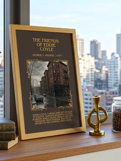 The Friends Of Eddie Coyle Minimalist Book Poster by George V. Higgins – framed print on a city-view windowsill