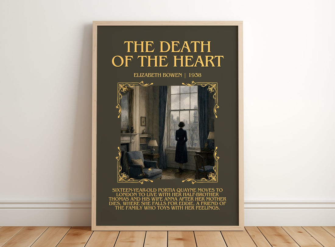 The Death of the Heart Minimalist Book Poster by Elizabeth Bowen – framed print leaning on a wooden floor