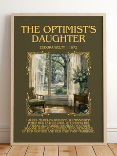 The Optimist's Daughter Minimalist Book Poster by Eudora Welty – framed print leaning on a wooden floor