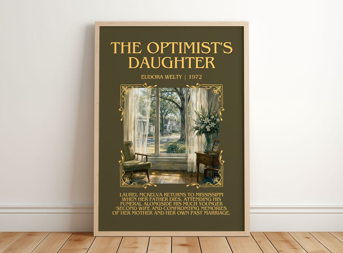 The Optimist's Daughter Minimalist Book Poster by Eudora Welty – framed print leaning on a wooden floor
