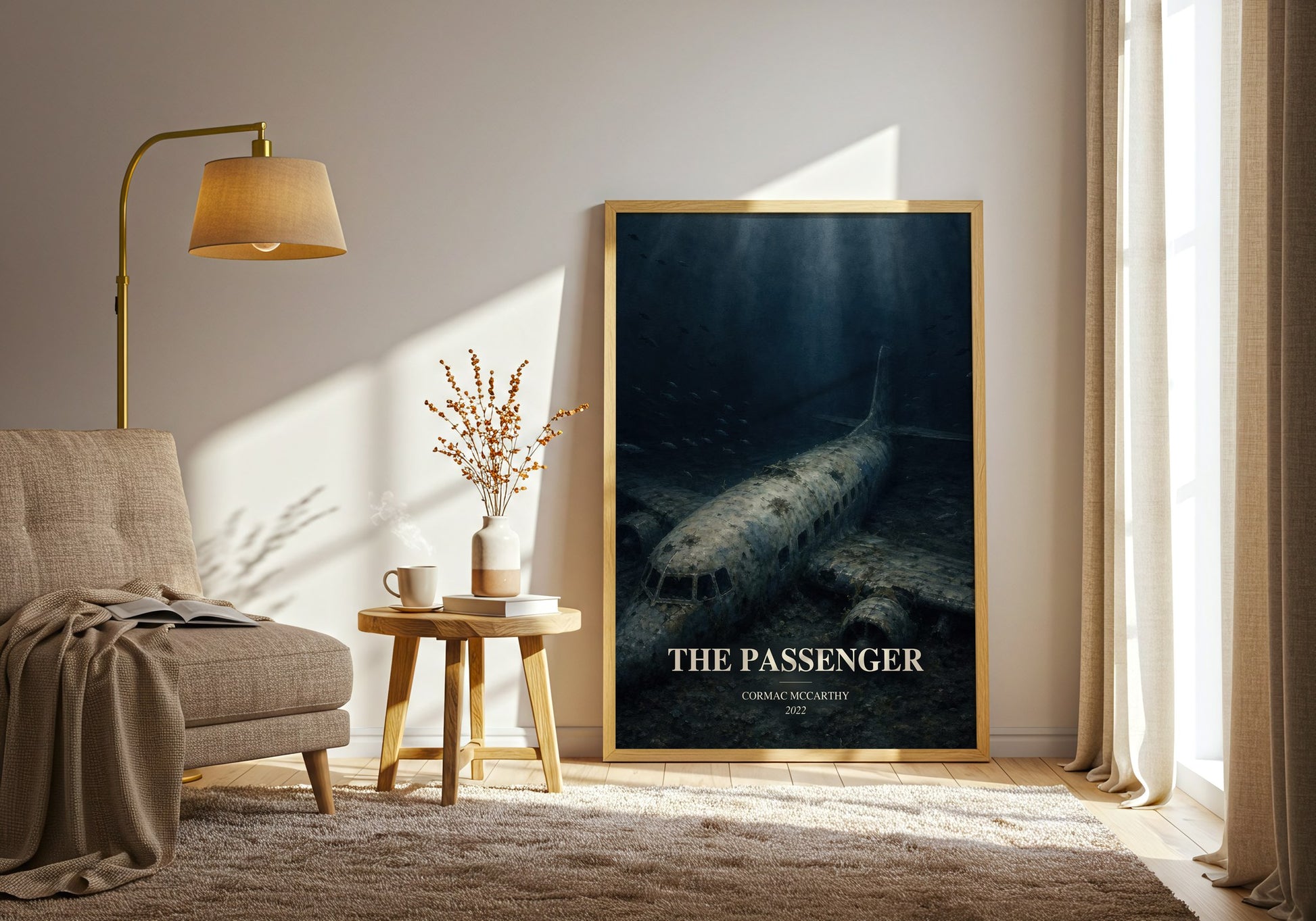 The Passenger watercolour print in frame leaning in hallway – literary fiction wall art