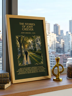 The Stories of John Cheever Minimalist Book Poster by John Cheever – framed print on a city-view windowsill