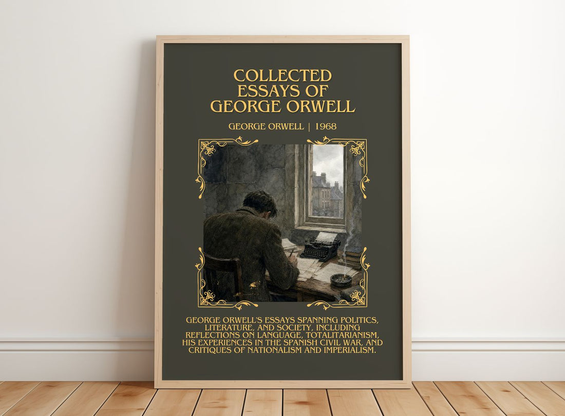 Collected Essays of George Orwell Minimalist Book Poster by G. Orwell – framed print leaning on a wooden floor