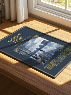 Gorky Park Minimalist Book Poster by Martin Cruz Smith – print on a sunlit desk