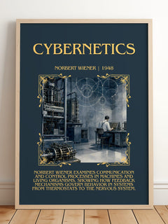 Cybernetics Minimalist Book Poster by Norbert Wiener – framed print leaning on a wooden floor