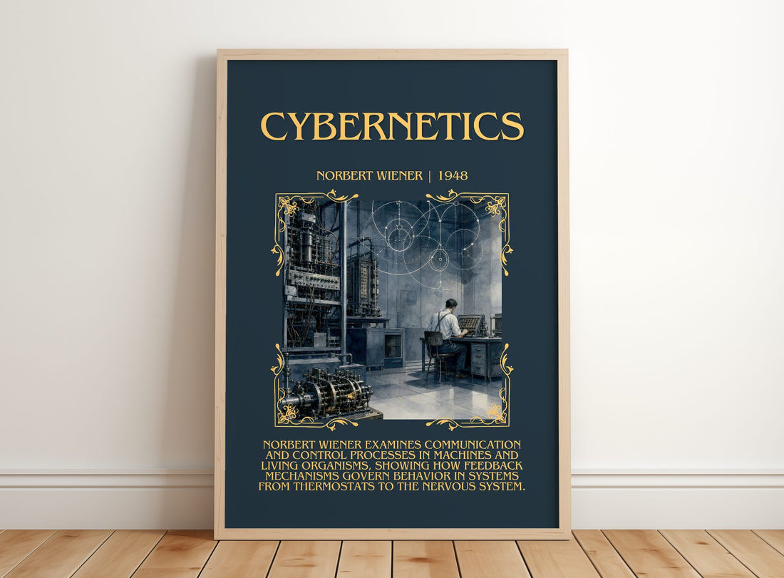 Cybernetics Minimalist Book Poster by Norbert Wiener – framed print leaning on a wooden floor