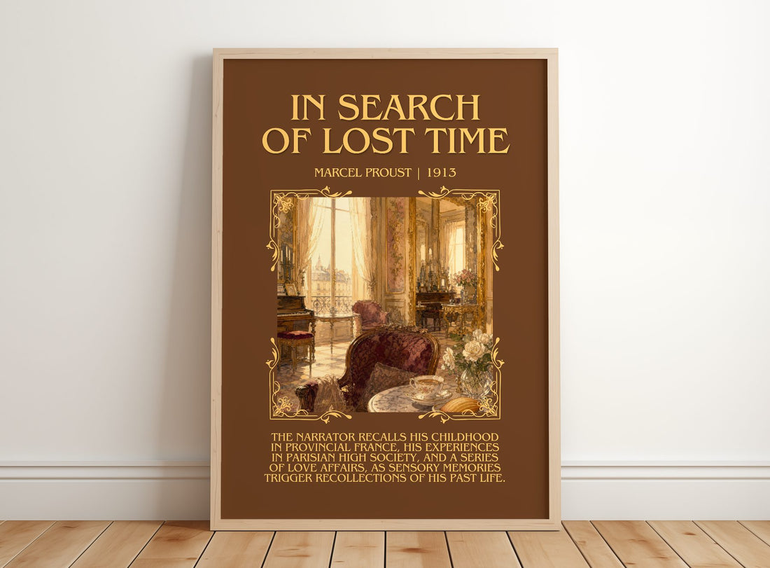 In Search of Lost Time Minimalist Book Poster by Marcel Proust – framed print leaning on a wooden floor
