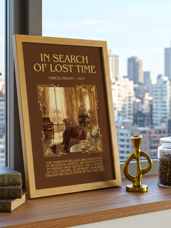 In Search of Lost Time Minimalist Book Poster by Marcel Proust – framed print on a city-view windowsill