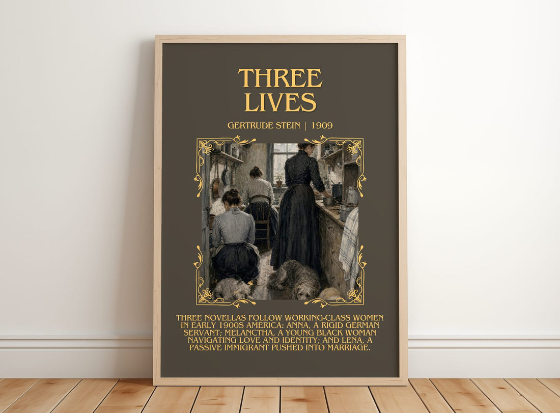 Three Lives Minimalist Book Poster by Gertrude Stein – framed print leaning on a wooden floor