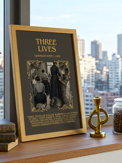 Three Lives Minimalist Book Poster by Gertrude Stein – framed print on a city-view windowsill