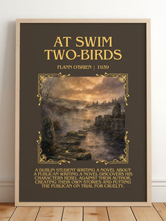 At Swim Two-Birds Minimalist Book Poster by Flann O'Brien – framed print leaning on a wooden floor