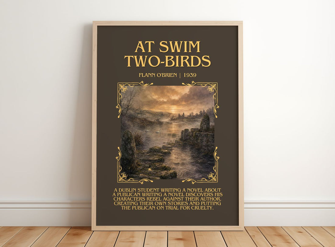At Swim Two-Birds Minimalist Book Poster by Flann O'Brien – framed print leaning on a wooden floor
