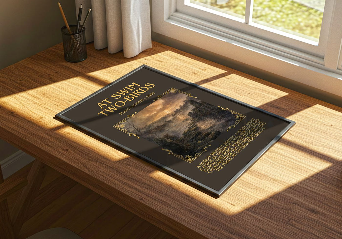 At Swim Two-Birds Minimalist Book Poster by Flann O'Brien – print on a sunlit desk