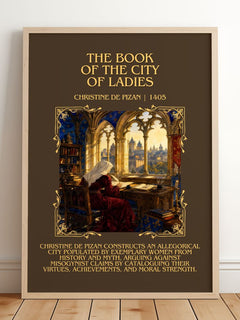 Book of the City of Ladies Minimalist Book Poster by C. Pizan – framed print leaning on a wooden floor