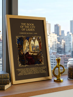 Book of the City of Ladies Minimalist Book Poster by C. Pizan – framed print on a city-view windowsill