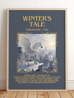 Winter's Tale Minimalist Book Poster by Mark Helprin – framed print leaning on a wooden floor
