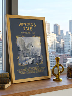 Winter's Tale Minimalist Book Poster by Mark Helprin – framed print on a city-view windowsill