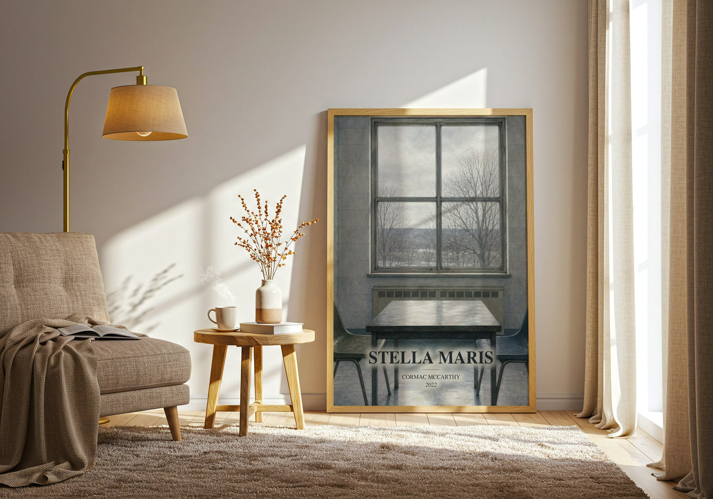 Stella Maris watercolour print in frame leaning in hallway – literary fiction wall art