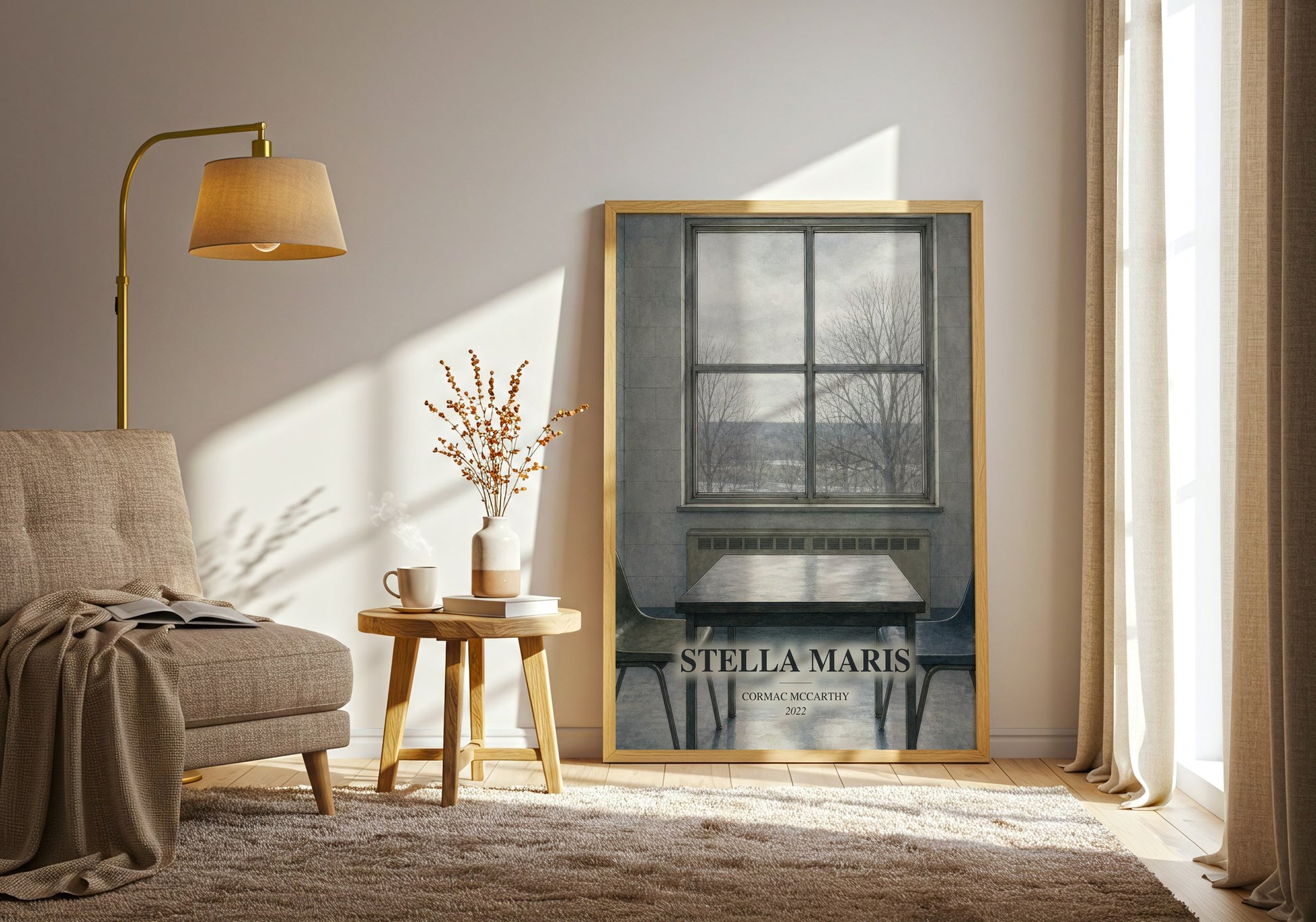 Stella Maris watercolour print in frame leaning in hallway – literary fiction wall art