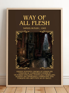 Way of All Flesh Minimalist Book Poster by Samuel Butler – framed print leaning on a wooden floor