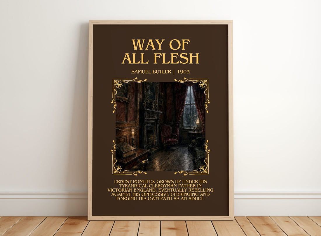 Way of All Flesh Minimalist Book Poster by Samuel Butler – framed print leaning on a wooden floor