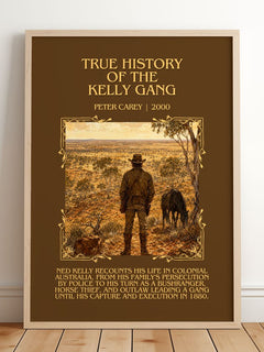 True History of the Kelly Gang Minimalist Book Poster by Peter Carey – framed print leaning on a wooden floor