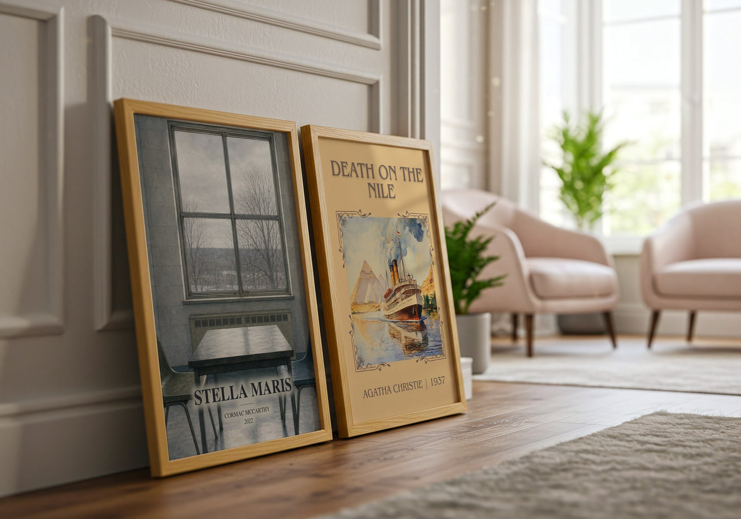 Stella Maris watercolour print framed by window – literary home decor