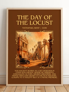 The Day of the Locust Minimalist Book Poster by Nathanael West – framed print leaning on a wooden floor