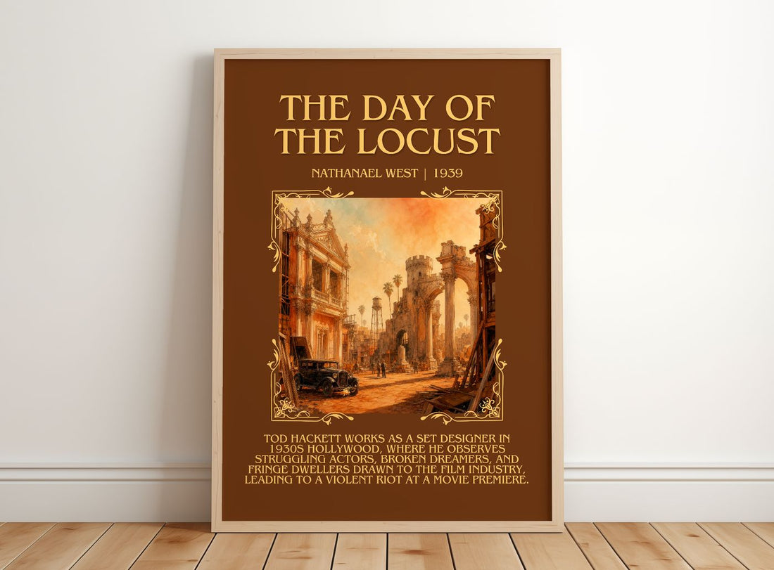 The Day of the Locust Minimalist Book Poster by Nathanael West – framed print leaning on a wooden floor