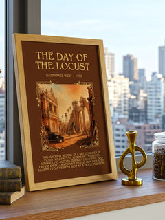 The Day of the Locust Minimalist Book Poster by Nathanael West – framed print on a city-view windowsill