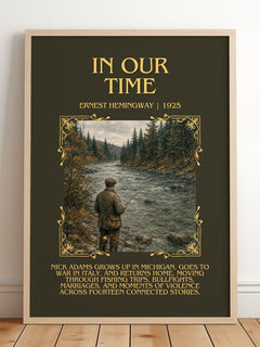 In Our Time Minimalist Book Poster by Ernest Hemingway – framed print leaning on a wooden floor