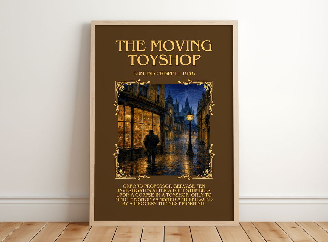 The Moving Toyshop Minimalist Book Poster by Edmund Crispin – framed print leaning on a wooden floor