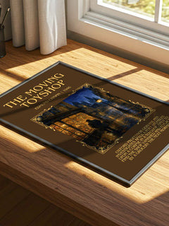 The Moving Toyshop Minimalist Book Poster by Edmund Crispin – print on a sunlit desk