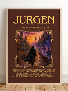 Jurgen Minimalist Book Poster by James Branch Cabell – framed print leaning on a wooden floor