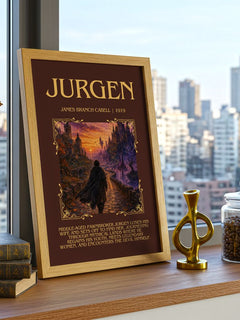 Jurgen Minimalist Book Poster by James Branch Cabell – framed print on a city-view windowsill