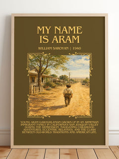 My Name Is Aram Minimalist Book Poster by William Saroyan – framed print leaning on a wooden floor