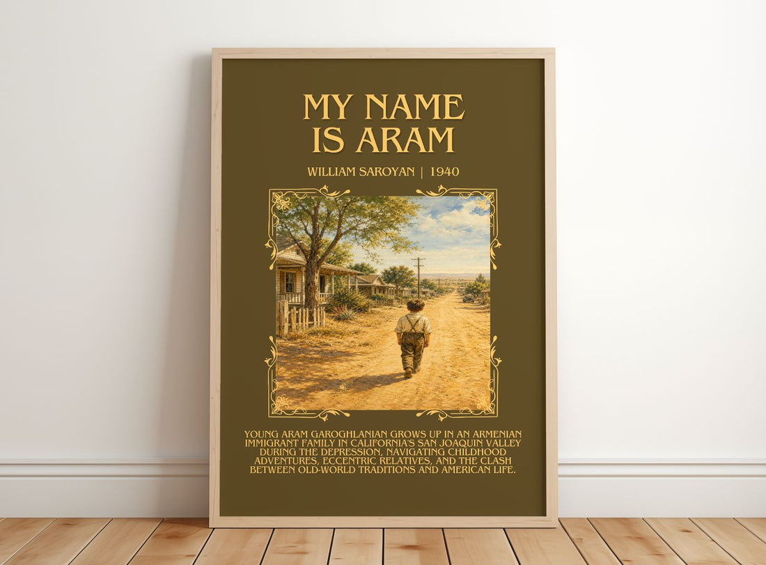 My Name Is Aram Minimalist Book Poster by William Saroyan – framed print leaning on a wooden floor